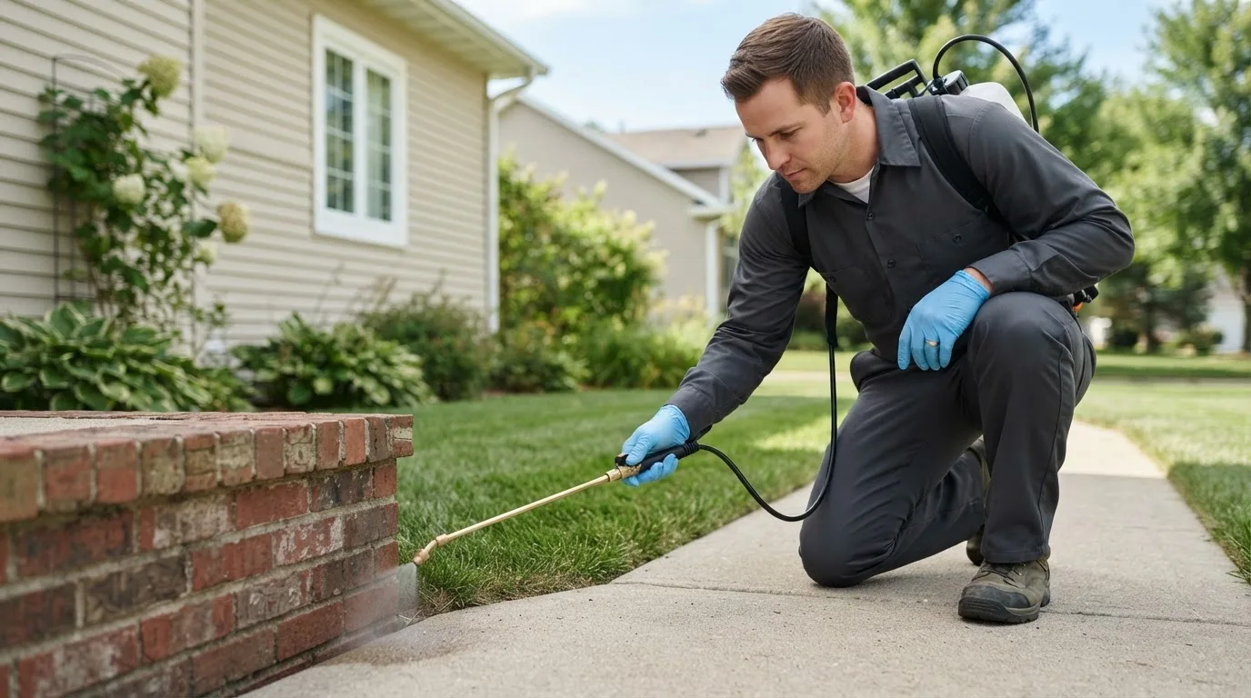 Pest control technician treating a home near Shelby, OH